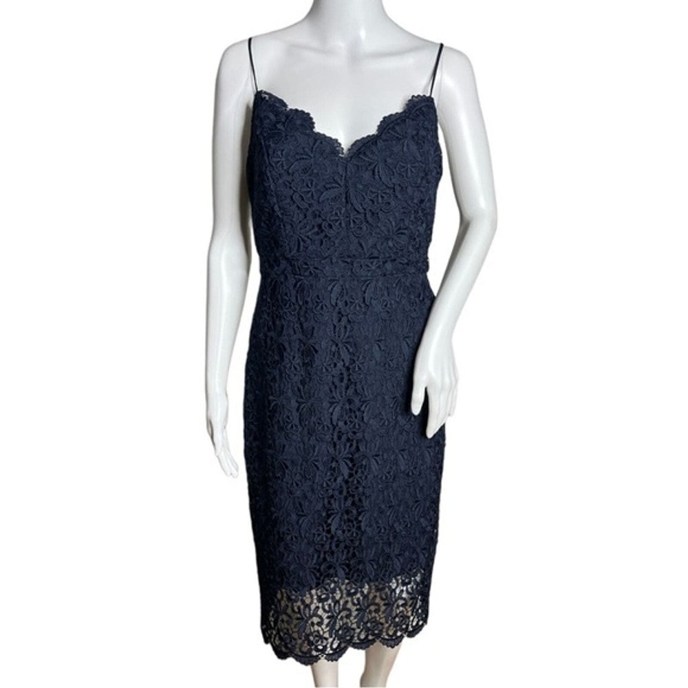 J Crew Dress Women 6‎ Navy Blue Guipure Lace Spaghetti Strap Scallop Edge Preppy